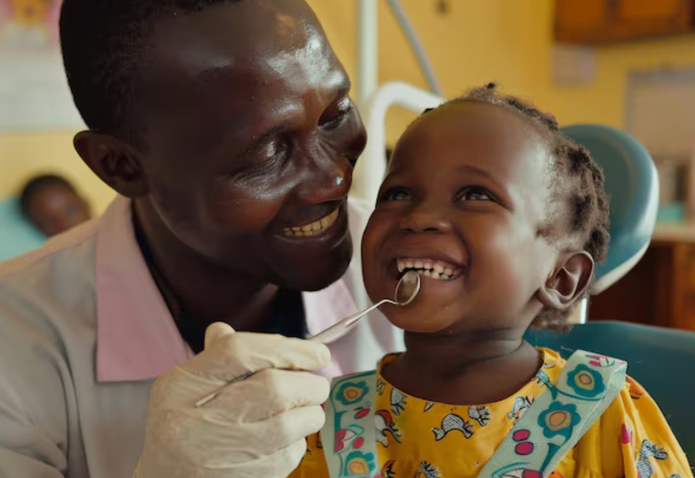Dentist sharing a smile with a young patient during a check-up